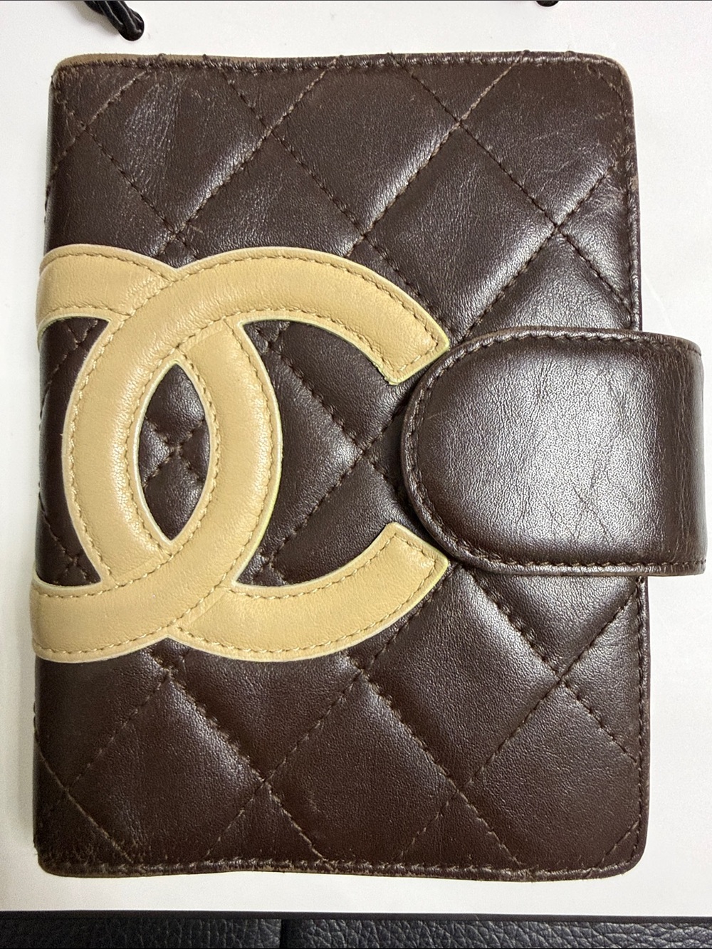CHANEL Brown & Beige Leather Quilted CC Logo Card/Wallet/Passport/Weekly Planner